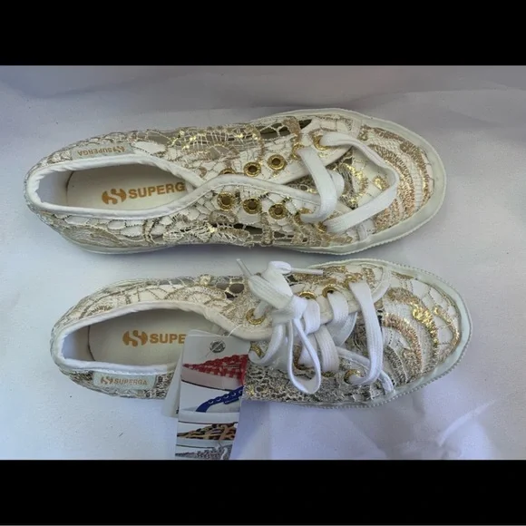 Superga White and Gold Lace-Up Sneakers - Picture 2 of 5